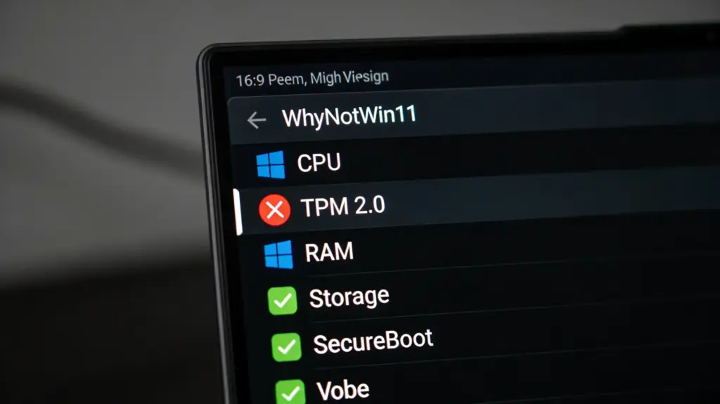 WhyNotWin11 Tool zeigt Kompatibilitätsbericht mit rotem X bei CPU und TPM