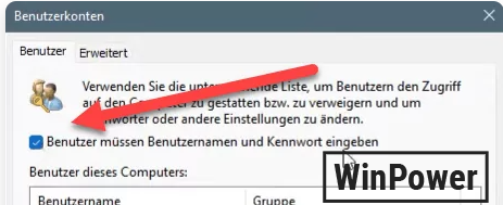 Häkchen bei Benutzernamen und Kennwort eingeben entfernen in netplwiz