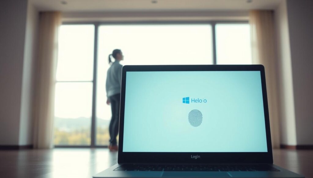 A bright, airy room with large windows overlooking a serene, natural landscape. In the foreground, a laptop or tablet displays the Windows Hello login screen, its biometric authentication options showcased. In the middle ground, a person stands, hand outstretched to the screen, effortlessly logging in with a facial or fingerprint scan. The background features soft, diffused lighting, creating a calming, modern atmosphere. The overall scene conveys the ease and convenience of Windows Hello's seamless security features, complementing the article's exploration of its advantages over traditional password-based systems.