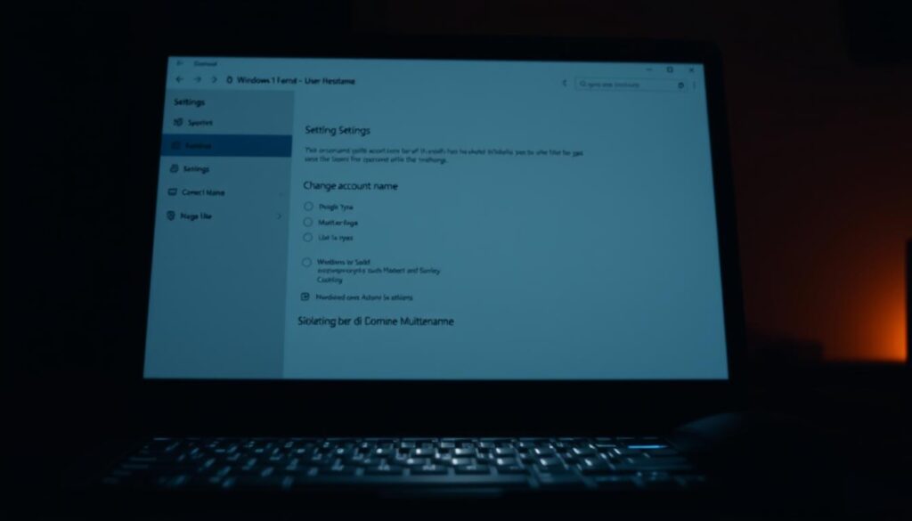 A dimly lit computer desktop with a Windows 11 settings interface, showcasing the user profile section. The foreground features a focus on the A dimly lit computer desktop with a Windows 11 settings interface, showcasing the user profile section. The foreground features a focus on the