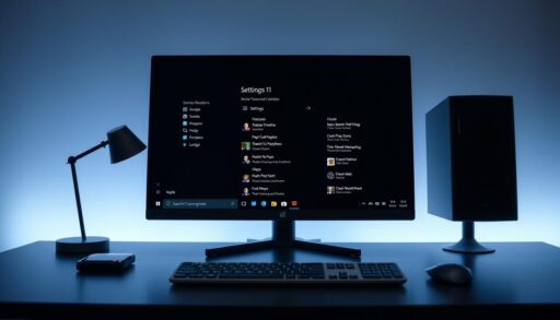 A modern workstation desk with a sleek, minimalist design, showcasing a high-resolution desktop display running Windows 11. The taskbar is prominently featured, displaying customized icons and settings, highlighting the ability to personalize the user interface. The lighting is soft and diffused, creating a professional and polished atmosphere. The scene is captured from a slightly elevated, frontal angle, allowing for a clear view of the desktop and taskbar, emphasizing the user's ability to tailor the Windows 11 experience to their preferences. The background is blurred, keeping the focus on the central display and taskbar customization.