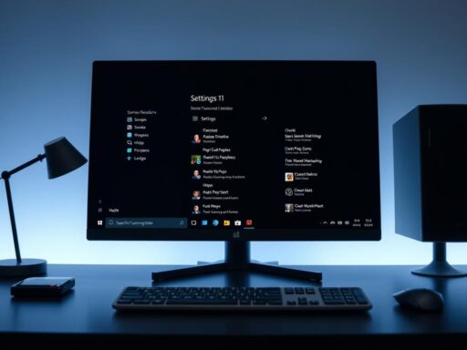 A modern workstation desk with a sleek, minimalist design, showcasing a high-resolution desktop display running Windows 11. The taskbar is prominently featured, displaying customized icons and settings, highlighting the ability to personalize the user interface. The lighting is soft and diffused, creating a professional and polished atmosphere. The scene is captured from a slightly elevated, frontal angle, allowing for a clear view of the desktop and taskbar, emphasizing the user's ability to tailor the Windows 11 experience to their preferences. The background is blurred, keeping the focus on the central display and taskbar customization.