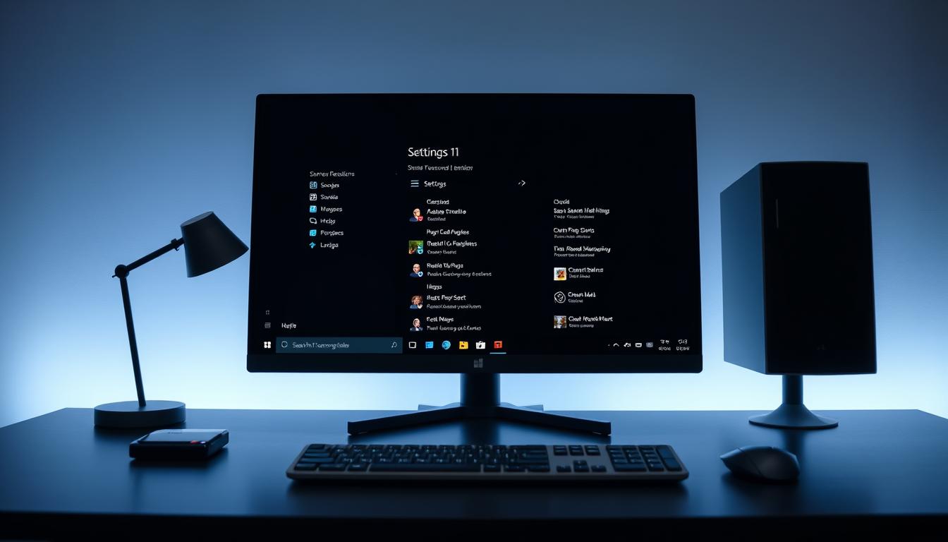 A modern workstation desk with a sleek, minimalist design, showcasing a high-resolution desktop display running Windows 11. The taskbar is prominently featured, displaying customized icons and settings, highlighting the ability to personalize the user interface. The lighting is soft and diffused, creating a professional and polished atmosphere. The scene is captured from a slightly elevated, frontal angle, allowing for a clear view of the desktop and taskbar, emphasizing the user's ability to tailor the Windows 11 experience to their preferences. The background is blurred, keeping the focus on the central display and taskbar customization.