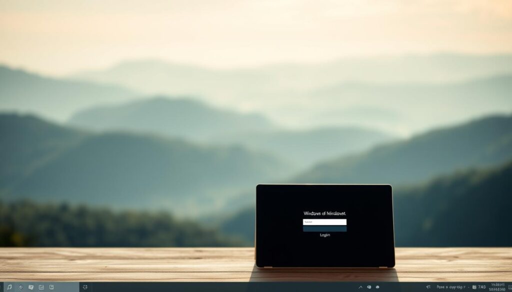 A serene and inviting desktop scene showcasing the effortless login experience of Windows 11. In the foreground, a simple and intuitive user interface, with a clean and uncluttered login prompt. The background features a tranquil landscape, perhaps a calming vista of rolling hills or a serene cityscape, conveying a sense of ease and relaxation. Soft, diffused lighting creates a warm and welcoming atmosphere, while the camera angle captures the scene from a natural, eye-level perspective. The overall impression is one of streamlined simplicity and user-centric design, perfectly aligning with the theme of 