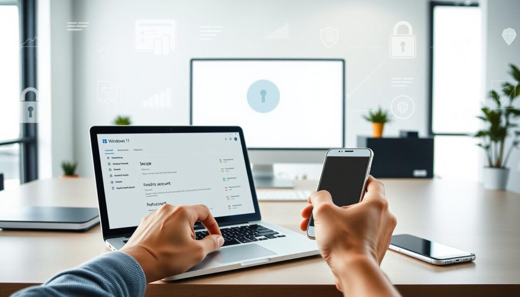 A well-lit, modern office workspace with a laptop, smartphone, and security-focused visual elements. In the foreground, a person's hands carefully navigating Windows 11 user account settings, conveying the focus on secure user management. The middle ground features a sleek, minimalist desktop setup with clean lines and neutral tones, emphasizing professionalism. The background showcases subtle security icons, lock symbols, and data visualization graphics, providing context for the importance of user account security. The overall atmosphere is one of efficiency, attention to detail, and a commitment to safeguarding digital assets. A well-lit, modern office workspace with a laptop, smartphone, and security-focused visual elements. In the foreground, a person's hands carefully navigating Windows 11 user account settings, conveying the focus on secure user management. The middle ground features a sleek, minimalist desktop setup with clean lines and neutral tones, emphasizing professionalism. The background showcases subtle security icons, lock symbols, and data visualization graphics, providing context for the importance of user account security. The overall atmosphere is one of efficiency, attention to detail, and a commitment to safeguarding digital assets.