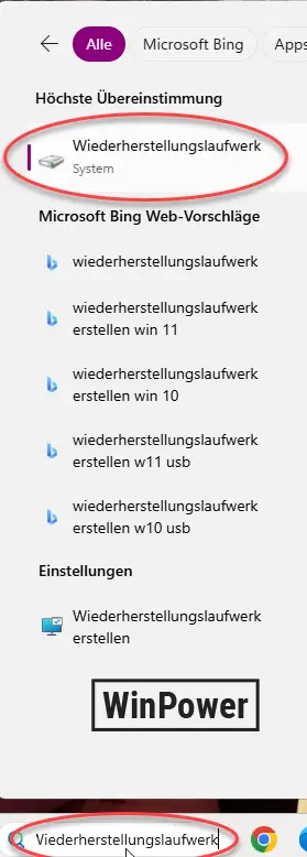 Windows 11 Suchleiste mit Eingabe Wiederherstellungslaufwerk erstellen