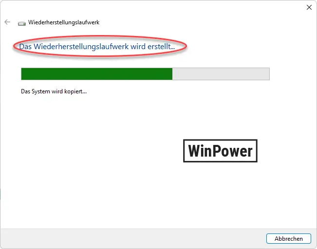 Windows Wiederherstellungslaufwerk erstellen Fortschrittsbalken USB Stick