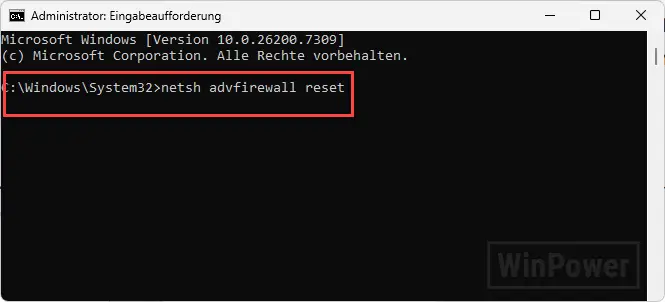 Eingabeaufforderung mit netsh advfirewall reset Befehl zum Firewall zurücksetzen