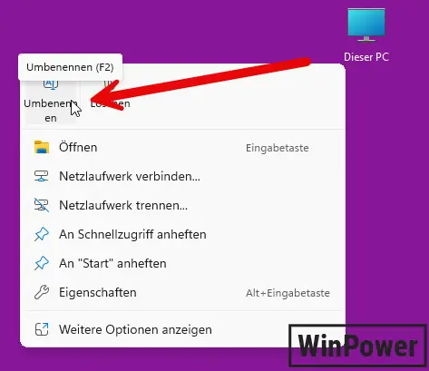 Rechtsklick Kontextmenü um Windows 11 Dieser PC umbenennen