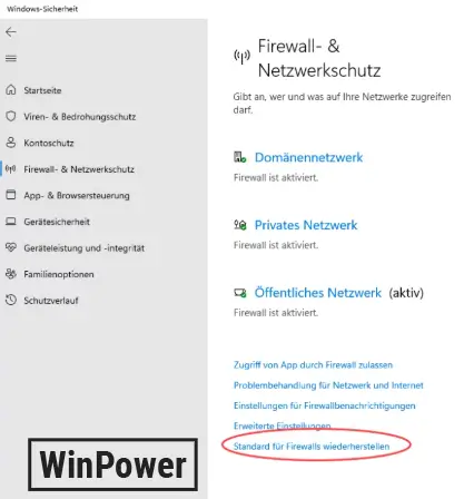 Windows Defender Firewall zurücksetzen einstellungen
