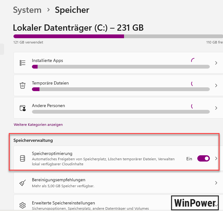 Windows 11 Einstellungen Speicheroptimierung aktivieren und temporäre Dateien löschen