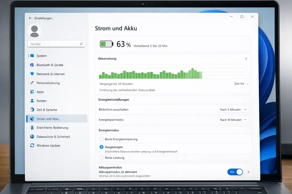 Windows 11 Energieeinstellungen optimieren – Einstellungen Menü Strom und Akku