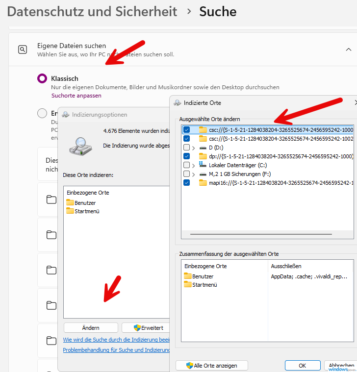 Indizierungsoptionen in den Einstellungen anpassen