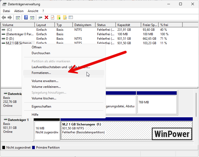Über die Datenträgerverwaltung formatieren