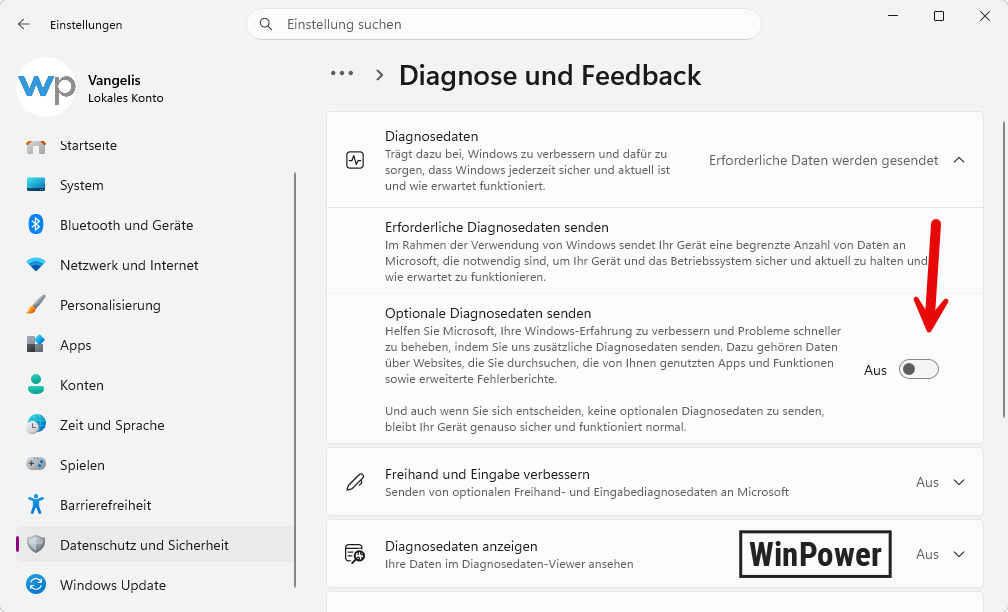 Windows 11 Telemetrie deaktivieren, Diagnose und Feedback in den Windows 11 Einstellungen mit deaktivierten optionalen Diagnosedaten