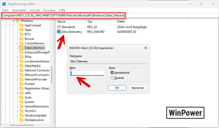 Registry Editor mit dem AllowTelemetry DWORD Wert auf 0 gesetzt im Pfad DataCollection