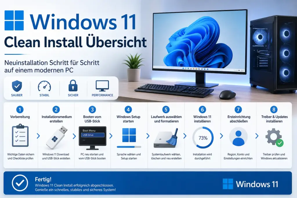 Windows 11 Clean Install Übersicht – Neuinstallation Schritt für Schritt auf einem modernen PC