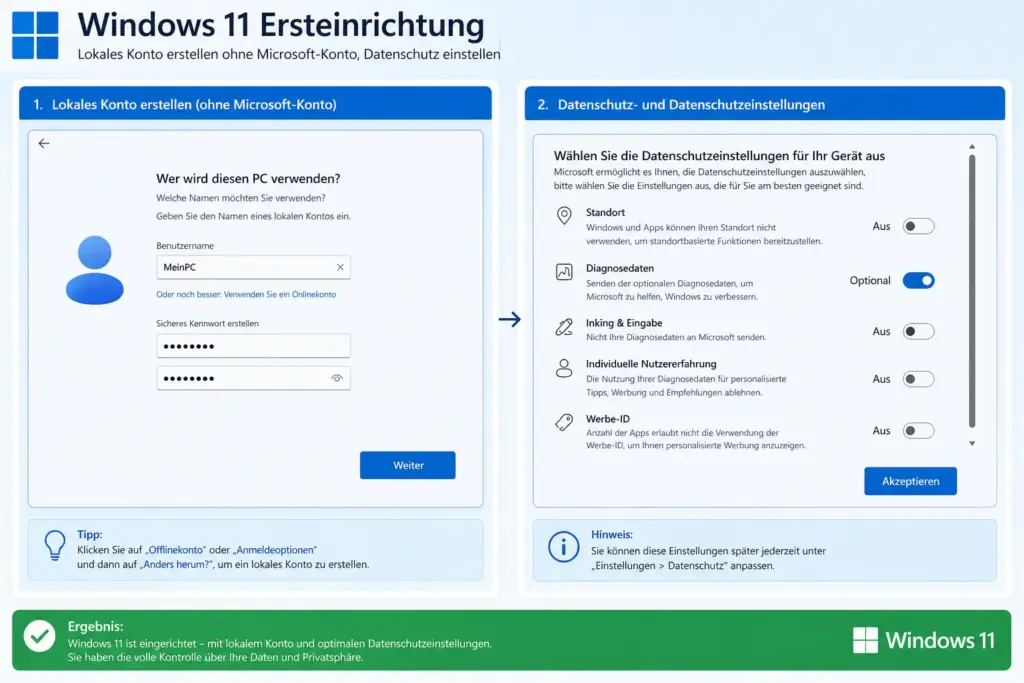 Windows 11 Ersteinrichtung – lokales Konto erstellen ohne Microsoft Konto Datenschutz einstellen Kopie