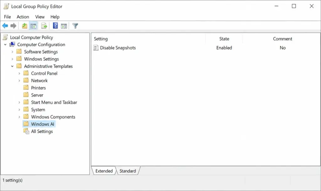 Gruppenrichtlinien Editor Windows 11 – Recall Snapshots deaktivieren Richtlinie auf Aktiviert gesetzt