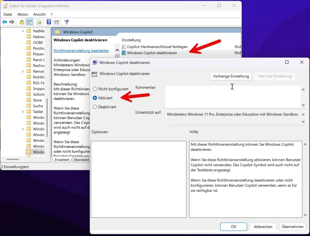 Gruppenrichtlinien Editor Windows 11 – Recall Snapshots deaktivieren Richtlinie auf Aktiviert gesetzt
