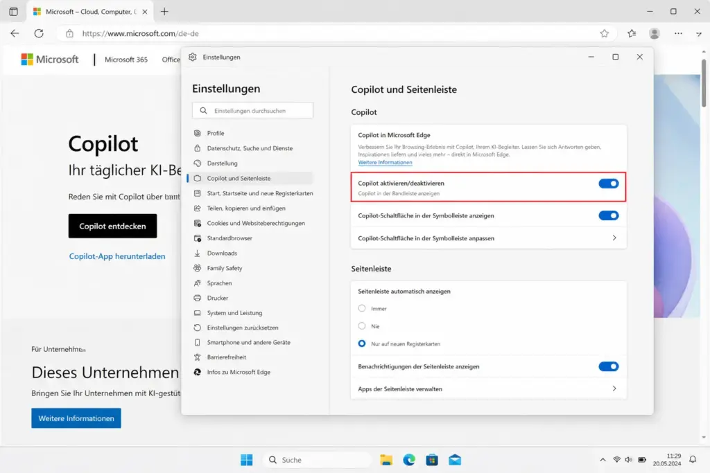 Microsoft Edge Einstellungen Copilot und KI Seitenleiste deaktivieren Windows 11