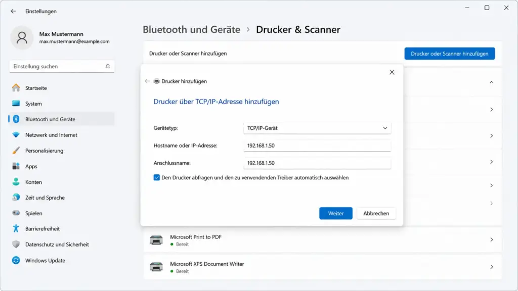 Netzwerkdrucker manuell per IP Adresse unter Windows 11 hinzufügen