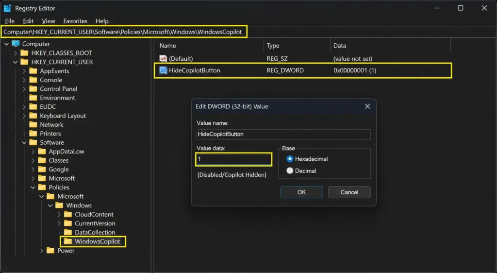 Registry Editor mit angelegtem HideCopilotButton Schlüssel