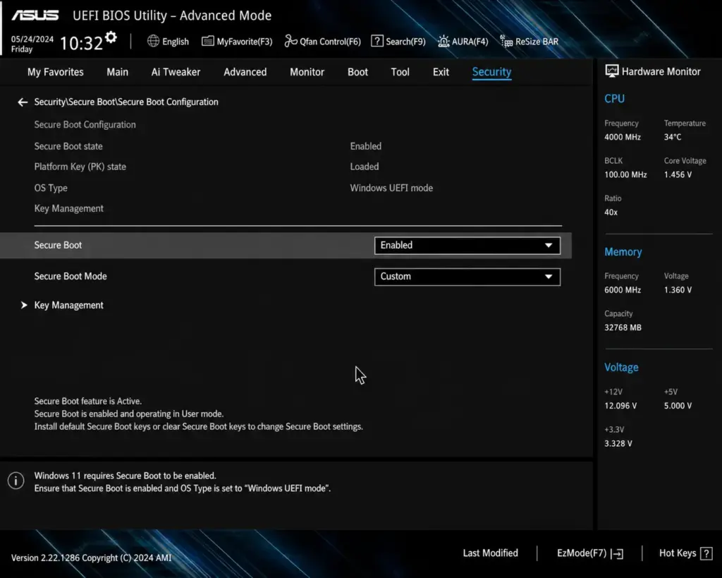 Secure Boot aktivieren im ASUS UEFI BIOS – Advanced Mode Security Tab Windows 11