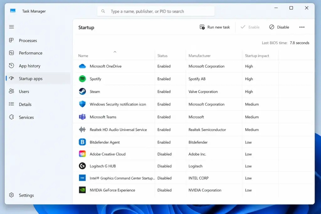 Windows 11 Autostart bereinigen – Task Manager Reiter Autostart von Apps mit Spalte Startauswirkung