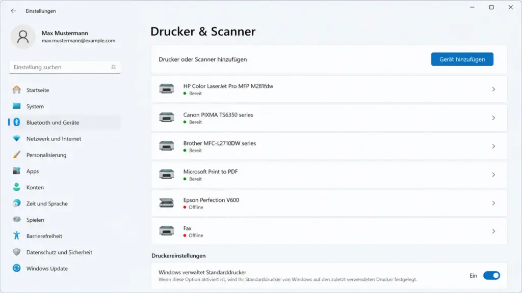 Windows 11 Drucker einrichten – Übersicht der Einstellungsseite Drucker & Scanner
