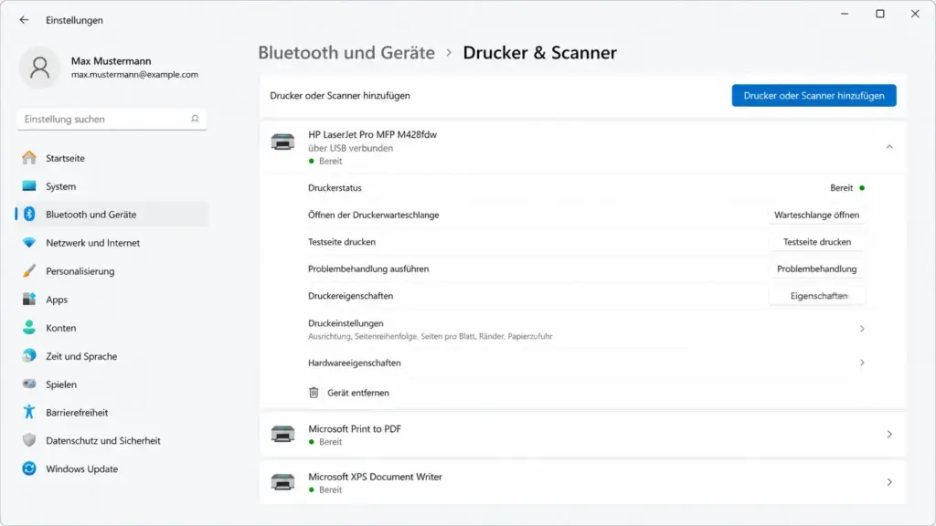 Windows 11 Drucker einrichten USB – Drucker und Scanner Einstellungsseite