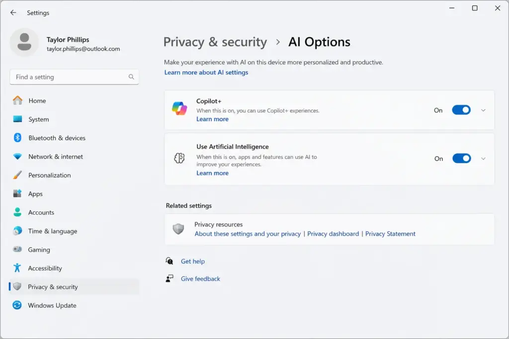 Windows 11 KI deaktivieren – Einstellungen Datenschutz & Sicherheit mit KI Optionen im Überblick