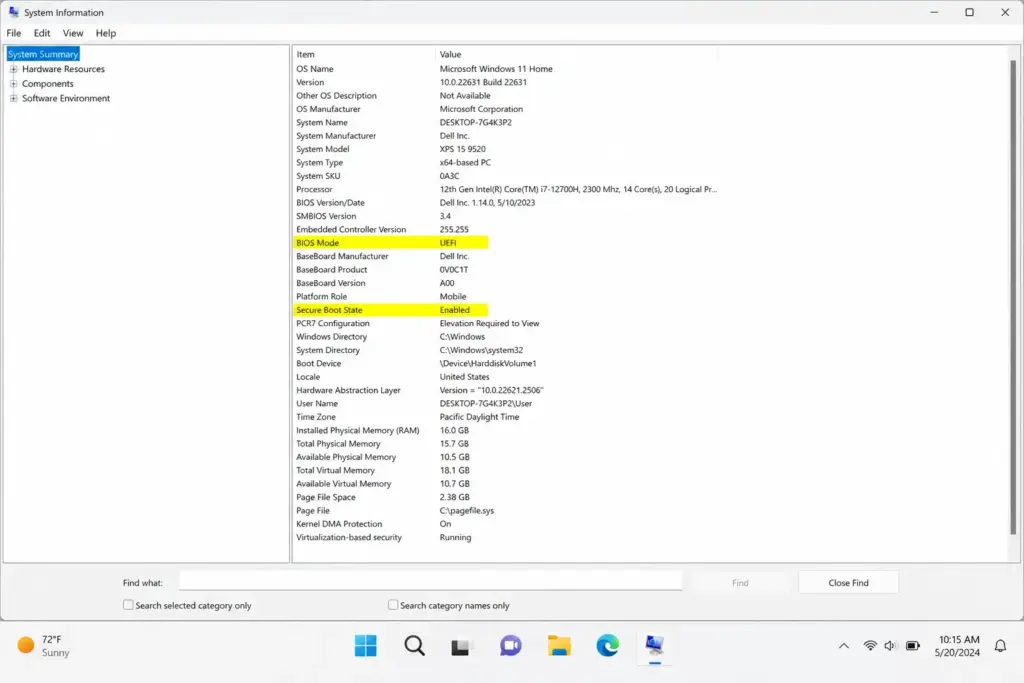 Windows 11 Secure Boot Status in den Systeminformationen (msinfo32) prüfen – BIOS Modus UEFI und Sicherer Startzustand Ein