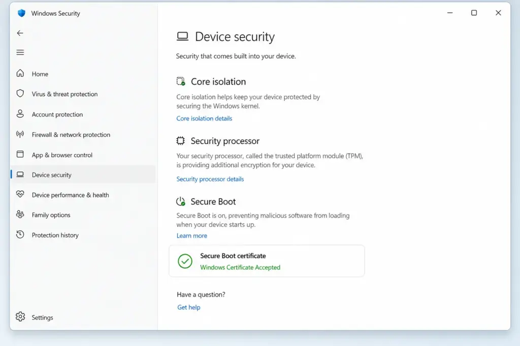 Windows Secure Boot Zertifikatsstatus prüfen – Windows Sicherheits App zeigt ab April 2026 Zertifikatsinformationen unter Gerätesicherheit