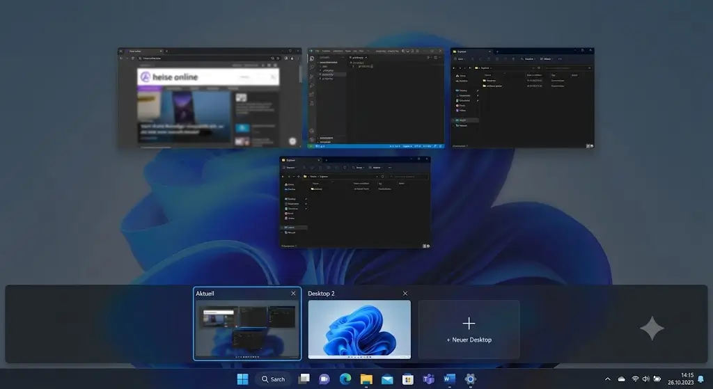 Aufgabenansicht Windows 11 – Schaltfläche Neuer Desktop am unteren Bildschirmrand