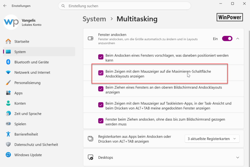 Windows 11 Einstellungen Multitasking Fenster andocken Snap Layouts aktivieren