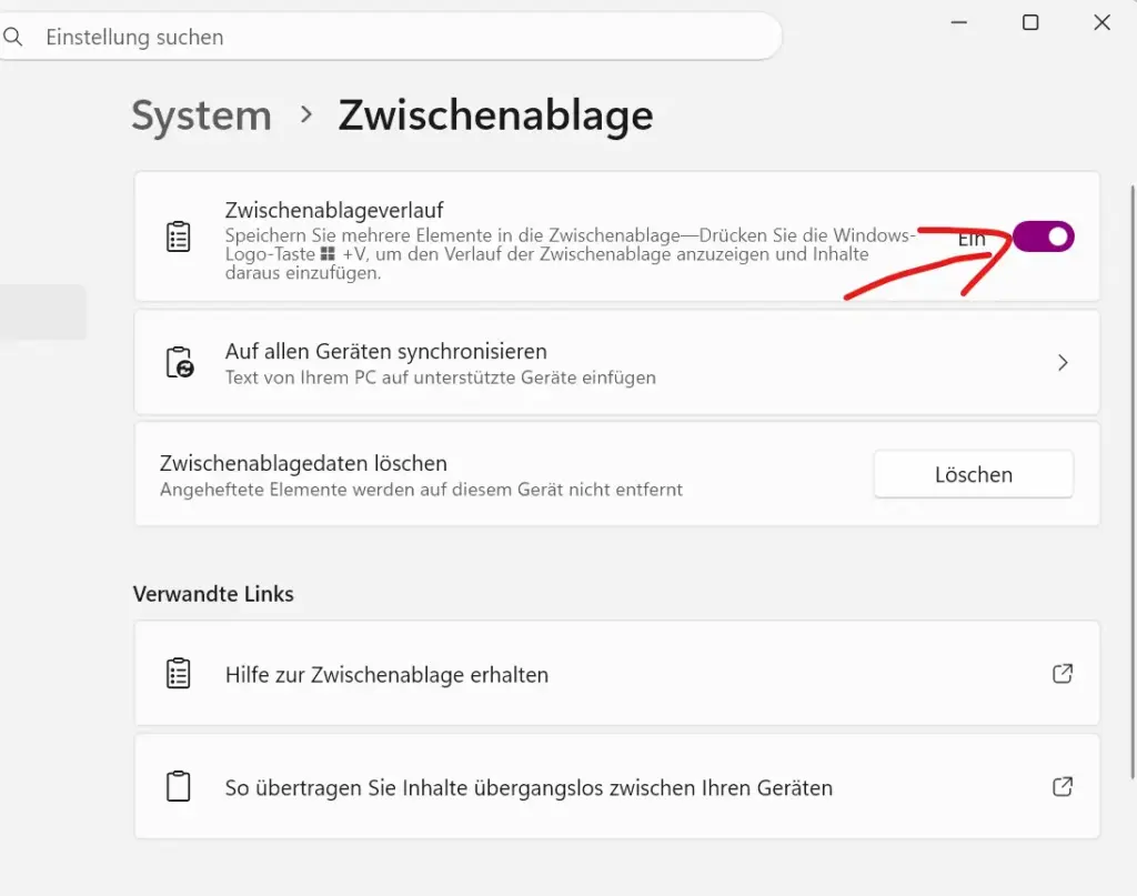 Windows 11 Einstellungen System Zwischenablage, Schalter Zwischenablageverlauf auf Ein