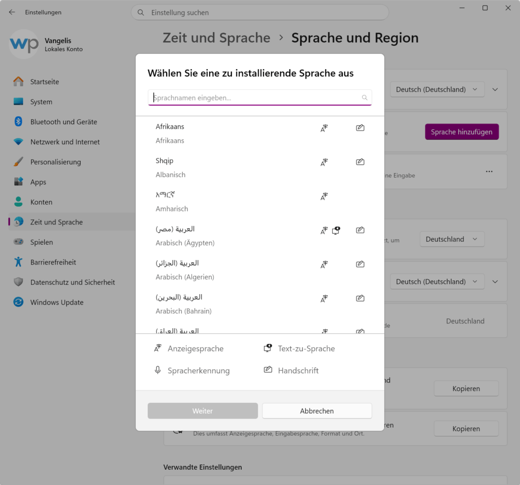 Windows 11 Sprachauswahl Dialog mit Suchfeld und Liste verfügbarer Sprachvarianten