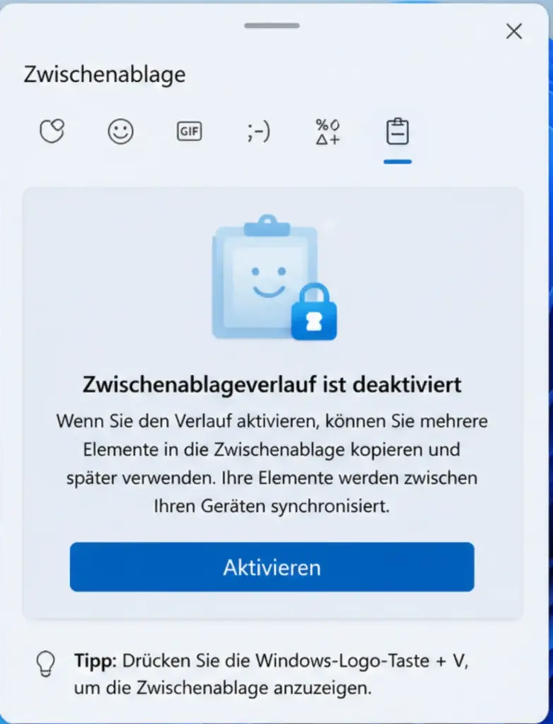 Windows + V Dialog mit Schaltfläche Aktivieren Zustand vor Aktivierung