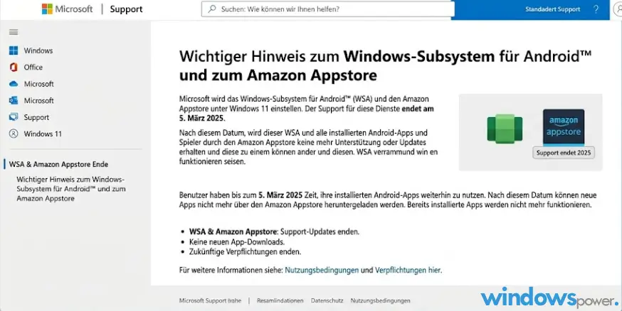 Microsoft Support Seite mit dem Hinweis auf das Ende von WSA