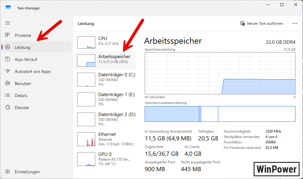 Windows 11 32 GB RAM Task Manager Windows 11 Arbeitsspeicher Auslastung pruefen