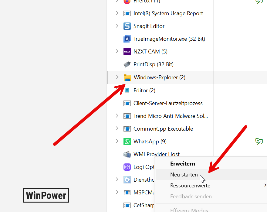Task Manager Windows Explorer Prozess neu starten bei Darstellungsfehlern