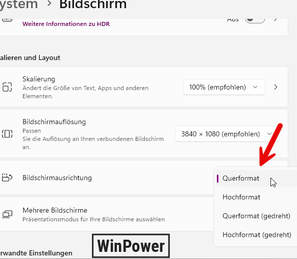 Windows 11 Bildschirm drehen Einstellungen System Bildschirm Bildschirmausrichtung Dropdown