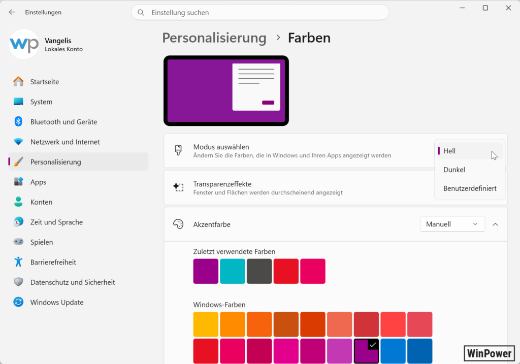 Windows 11 Einstellungen Personalisierung Farben Modus auswählen Dropdown