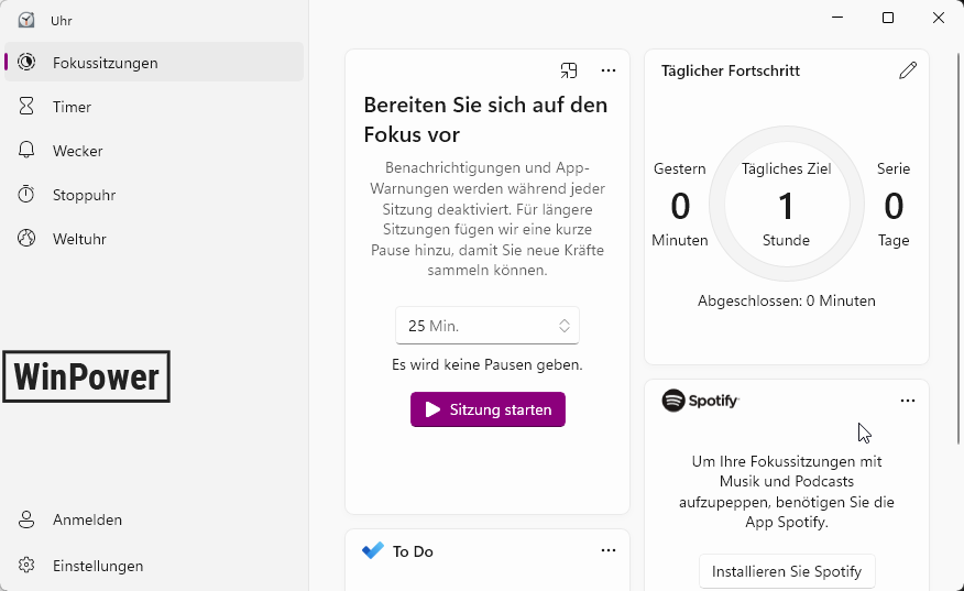 Windows 11 Fokus Modus einrichten in der Uhr App mit aktivem Timer