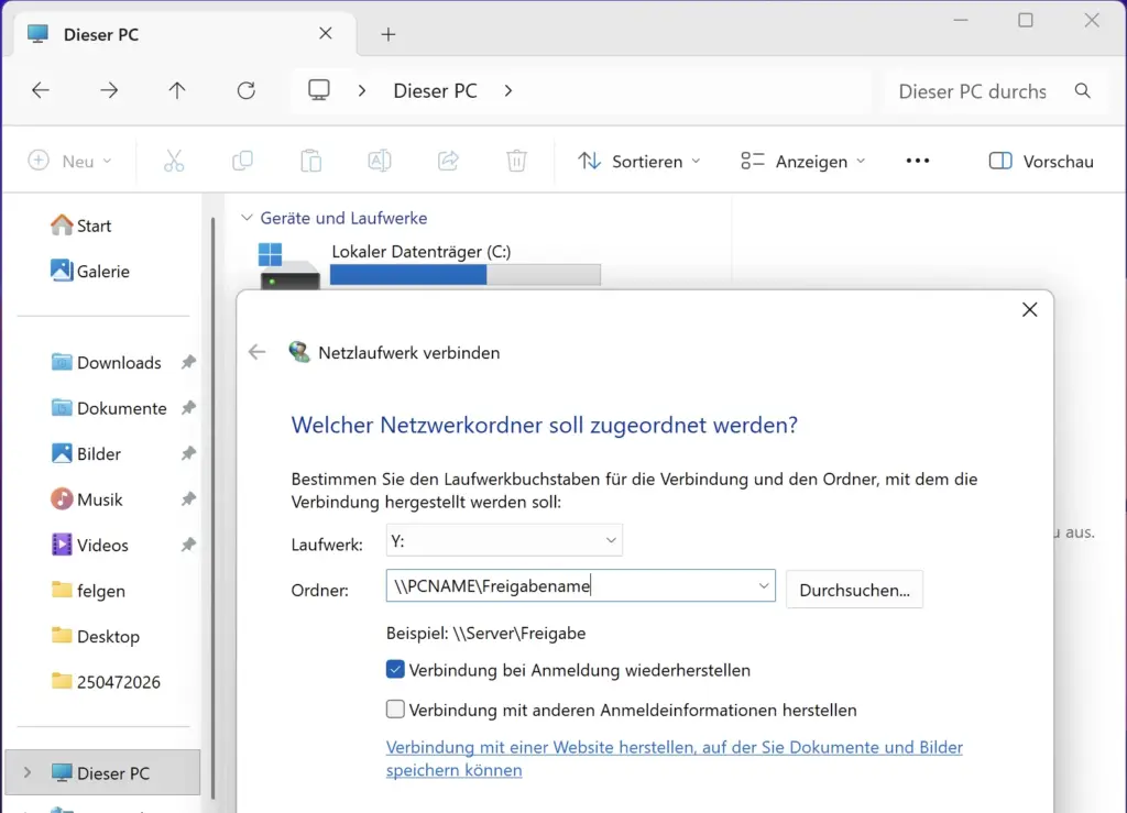 Windows 11 Netzlaufwerk verbinden Pfad eingeben