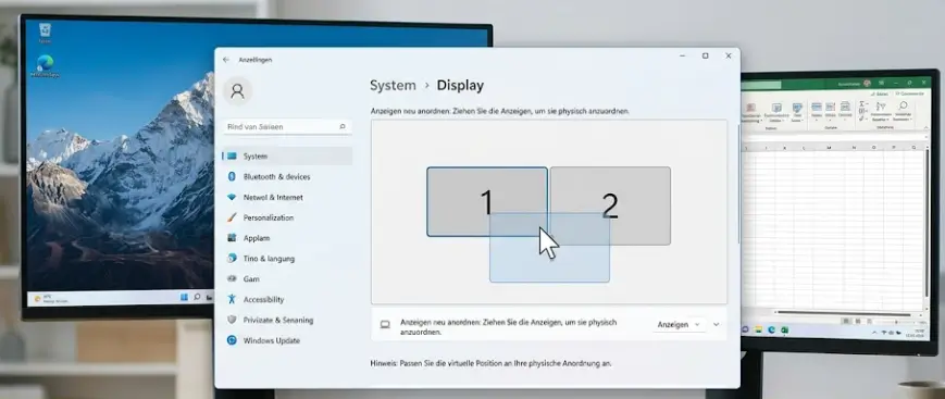Windows 11 zwei Monitore anordnen Drag and Drop physische Position Schreibtisch