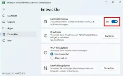 Windows Subsystem für Android Einstellungen mit aktiviertem Entwicklermodus