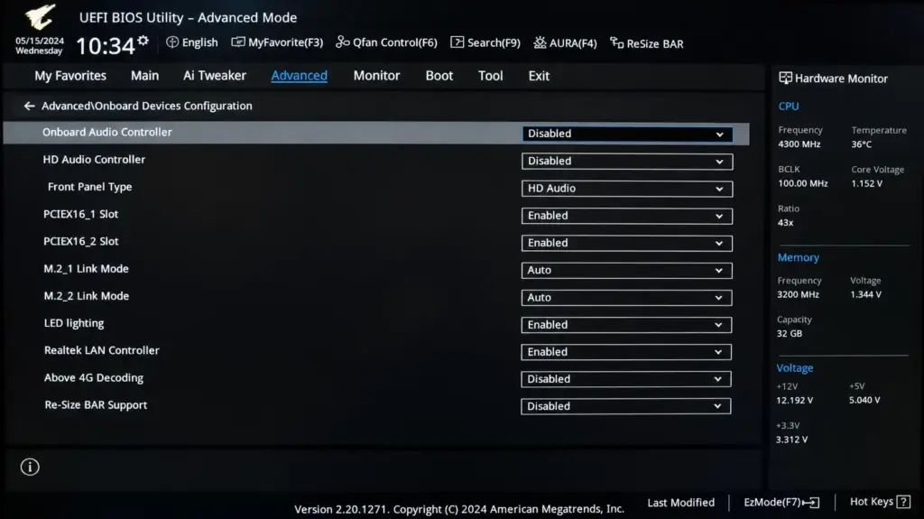 BIOS Menü mit deaktiviertem Onboard Audiocontroller